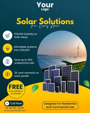 Flyer promoting solar energy solutions for homes and businesses with subsidy information.
