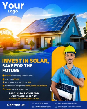 Promotional flyer for solar panel installation with a homeowner and solar panels.