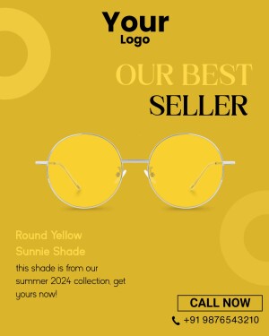 Yellow round sunglasses on a yellow background with text 'Our Best Seller'