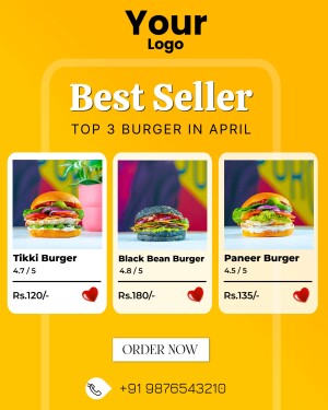 Promotional image showcasing top 3 best-selling burgers: Tikki Burger, Black Bean Burger, and Paneer Burger.