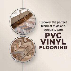 Advertisement for durable and stylish PVC vinyl flooring with herringbone patterns.
