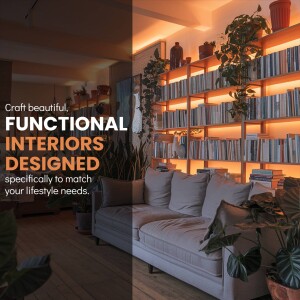Living room with warm lighting and plants