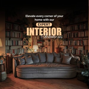 Cozy living room with a large sofa and bookshelves, promoting interior design services.