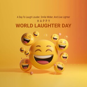 Image celebrating World Laughter Day with smiling emojis.