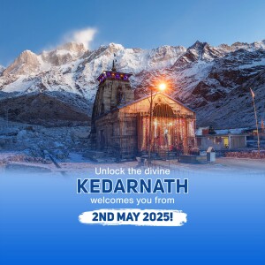 Kedarnath Temple in the Himalayas with snow-capped mountains and promotional text.