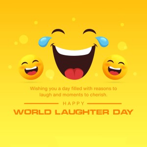 Illustration of a laughing face with smaller laughing faces and text wishing a happy World Laughter Day.