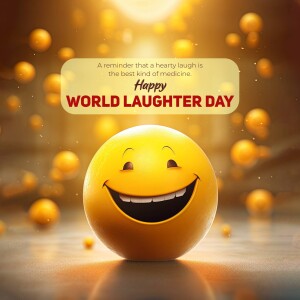 A digital illustration of a smiling emoji with text celebrating World Laughter Day.