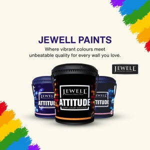 Three containers of Jewell Attitude paint with colorful paint splashes.