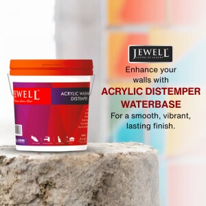 A bucket of Jewell Acrylic Distemper paint with branding and product information.