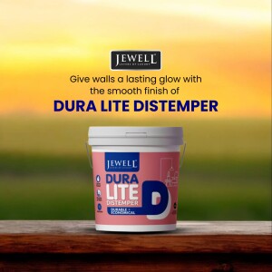 Image of Jewell Dura Lite Distemper paint bucket with a blurred background.