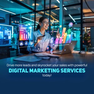 Woman interacting with digital marketing data visualizations