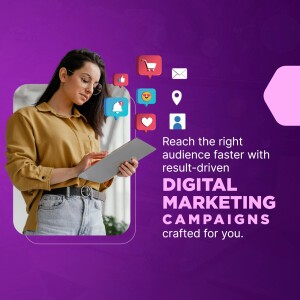 Woman using a tablet with digital marketing icons