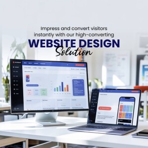Image showcasing a website design solution with a desktop, laptop, and mobile phone displaying the interface.