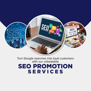 Image depicting SEO promotion services with a laptop and related visuals.
