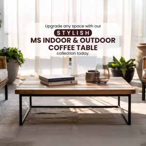 Wooden coffee table with books and decor in a bright living room