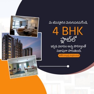 Luxury 4 BHK apartment advertisement with interior and exterior views