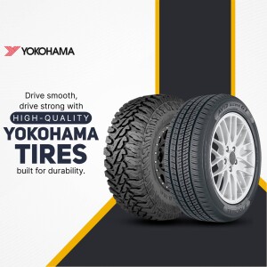 Yokohama tires advertisement featuring a close-up of two tires with the tagline 'Drive smooth, drive strong with HIGH-QUALITY Yokohama Tires'