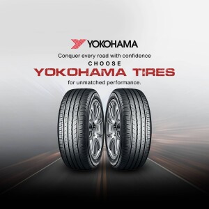 Two Yokohama tires on a road with the Yokohama logo and tagline.