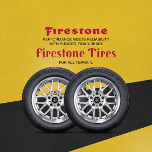 Two Firestone tires with silver rims against a yellow and black background.