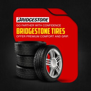 Bridgestone tires advertisement with a stack of tires and the Bridgestone logo.