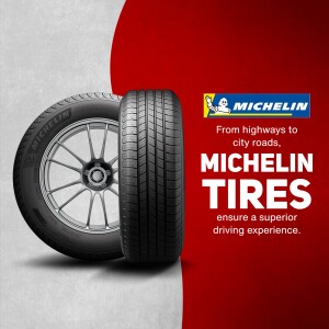 Michelin tire advertisement featuring a tire and wheel against a red and gray background.