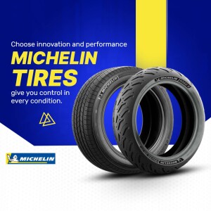 Michelin tires stacked against a blue and yellow background