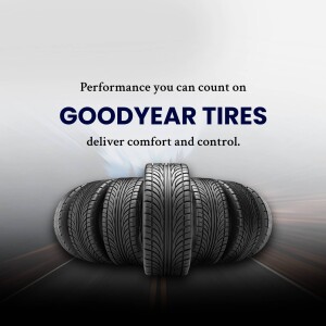Stack of Goodyear tires with text promoting performance and comfort.