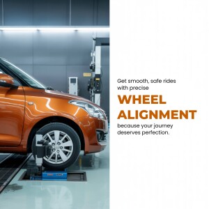 Orange car undergoing wheel alignment in an auto shop
