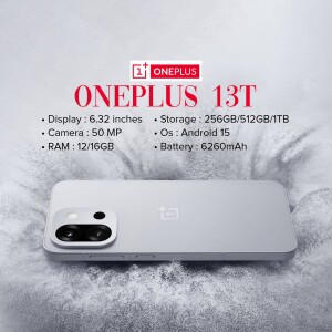 OnePlus 13T smartphone with key specifications listed