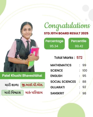 Student Khushi Bhaveshbhai Patel celebrating her 10th board exam result with 95.34% and 99.42 percentile.