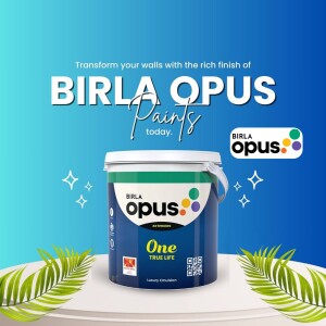 Birla Opus paint can with a vibrant design and tropical leaves.