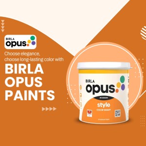 Birla Opus Paints container with branding and promotional text
