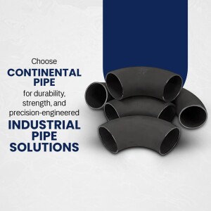 Black industrial pipes and elbows with text promoting Continental Pipe for durability and precision.