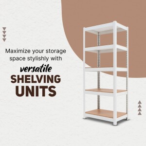 White shelving unit with wooden shelves against a brown and white background