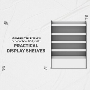 Black display shelves with text overlay