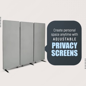 Three grey adjustable privacy screens with text overlay