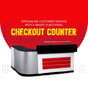 Black and silver checkout counter with red accents and text overlay