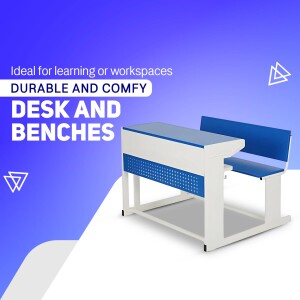 Blue and white school desk and bench set for learning or workspaces