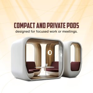 Modern white work pods with red seating, designed for focused work or meetings.