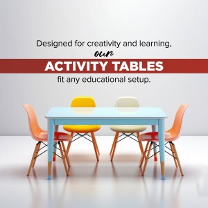 Colorful activity tables and chairs in a classroom setting