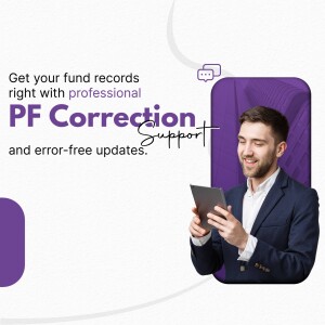 Man using a tablet with text promoting PF Correction support services.