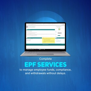 Laptop displaying EPF services platform with text 'Complete EPF Services'
