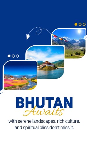 Bhutan travel poster featuring landscapes and cultural sites