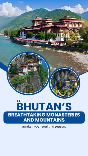 Scenic view of Taktsang Monastery (Tiger's Nest) in Bhutan with surrounding mountains and river.