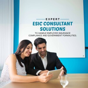 Two professionals reviewing information on a tablet, with ESIC Consultant Solutions branding.