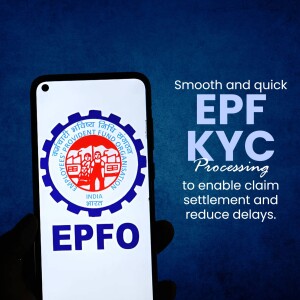 Mobile phone displaying EPF KYC processing screen with EPFO logo