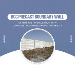 Image of an RCC precast boundary wall with text highlighting its fast installation and durability.