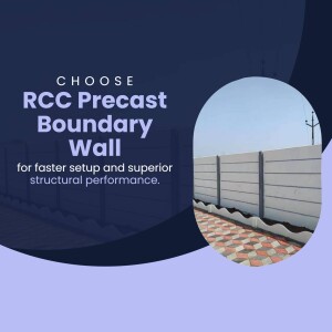 Image of an RCC precast boundary wall with text promoting faster setup and structural performance.