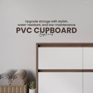 PVC cupboard with rolled towels and a small plant