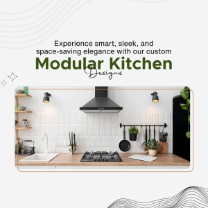 Modern white modular kitchen with black accents and wooden countertops